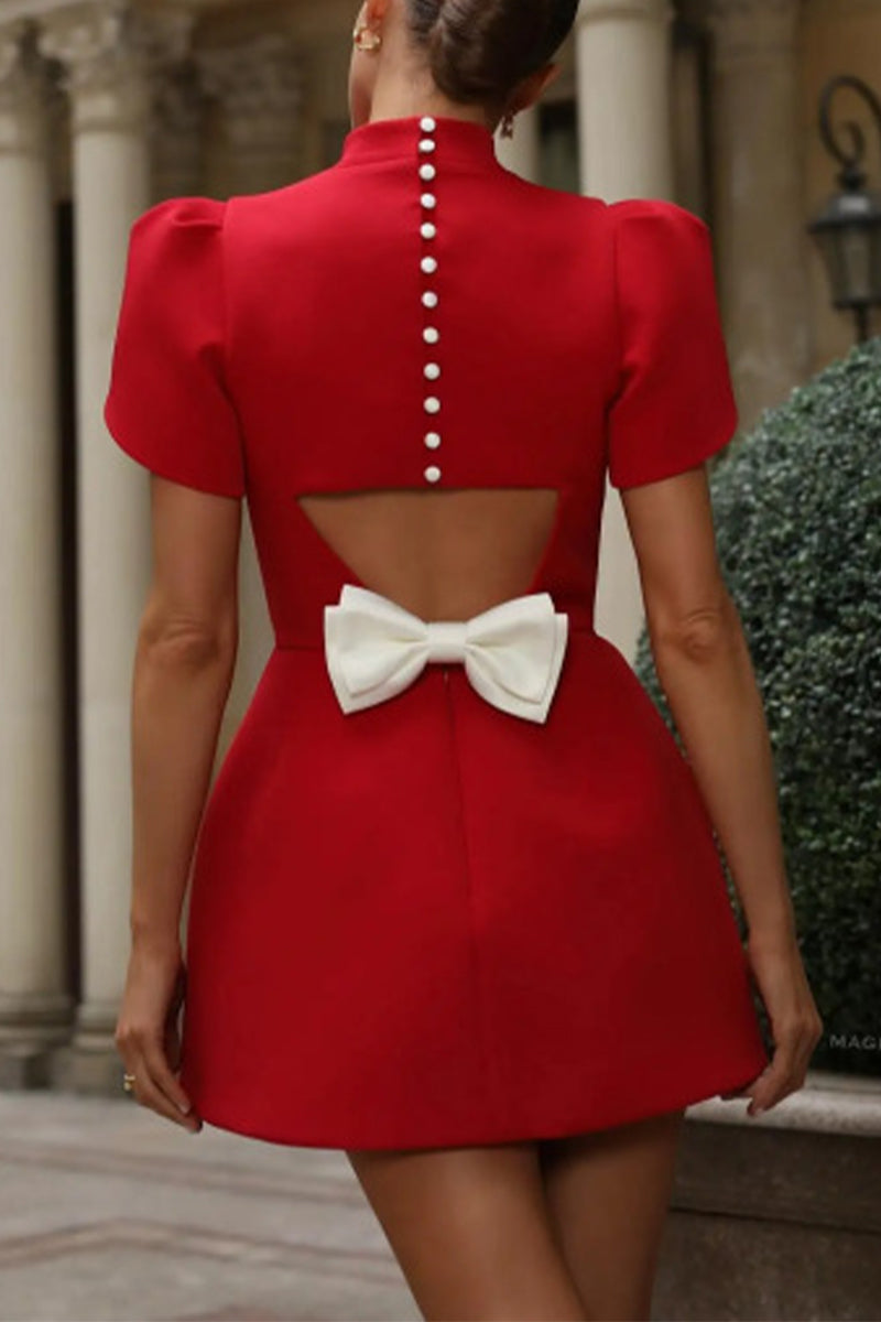 Elegant Bow Patchwork Pearls Decor Half A Turtleneck A Line Dresses