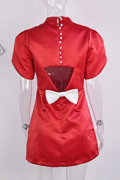 Elegant Bow Patchwork Pearls Decor Half A Turtleneck A Line Dresses