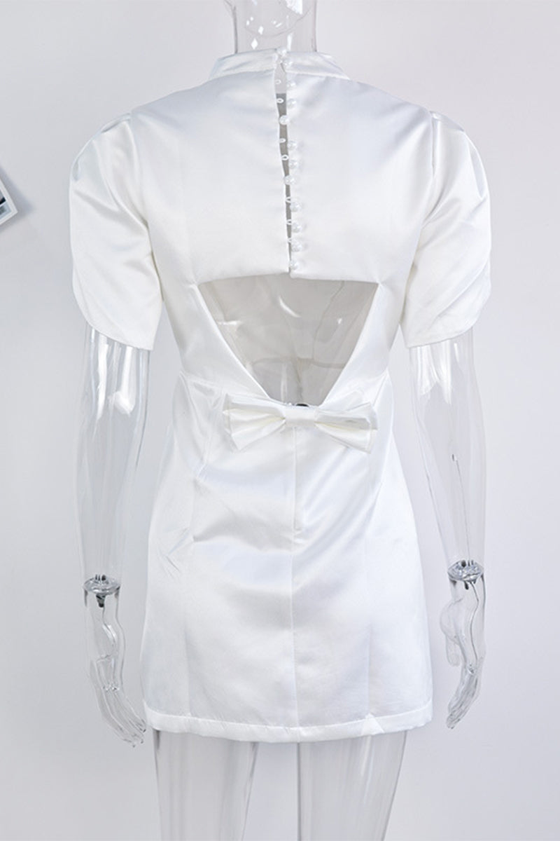 Elegant Bow Patchwork Pearls Decor Half A Turtleneck A Line Dresses