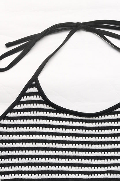 Casual Stripe Patchwork Slit Contrast Halter Sleeveless Two Pieces