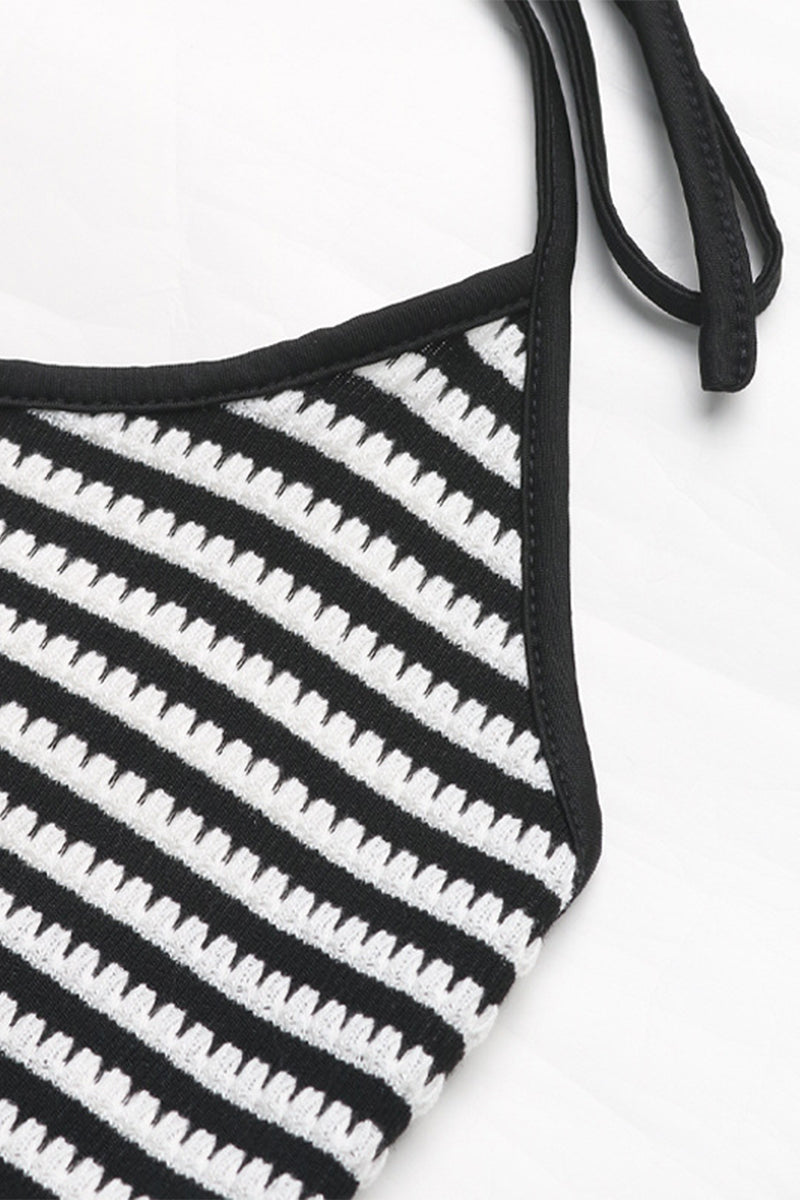 Casual Stripe Patchwork Slit Contrast Halter Sleeveless Two Pieces