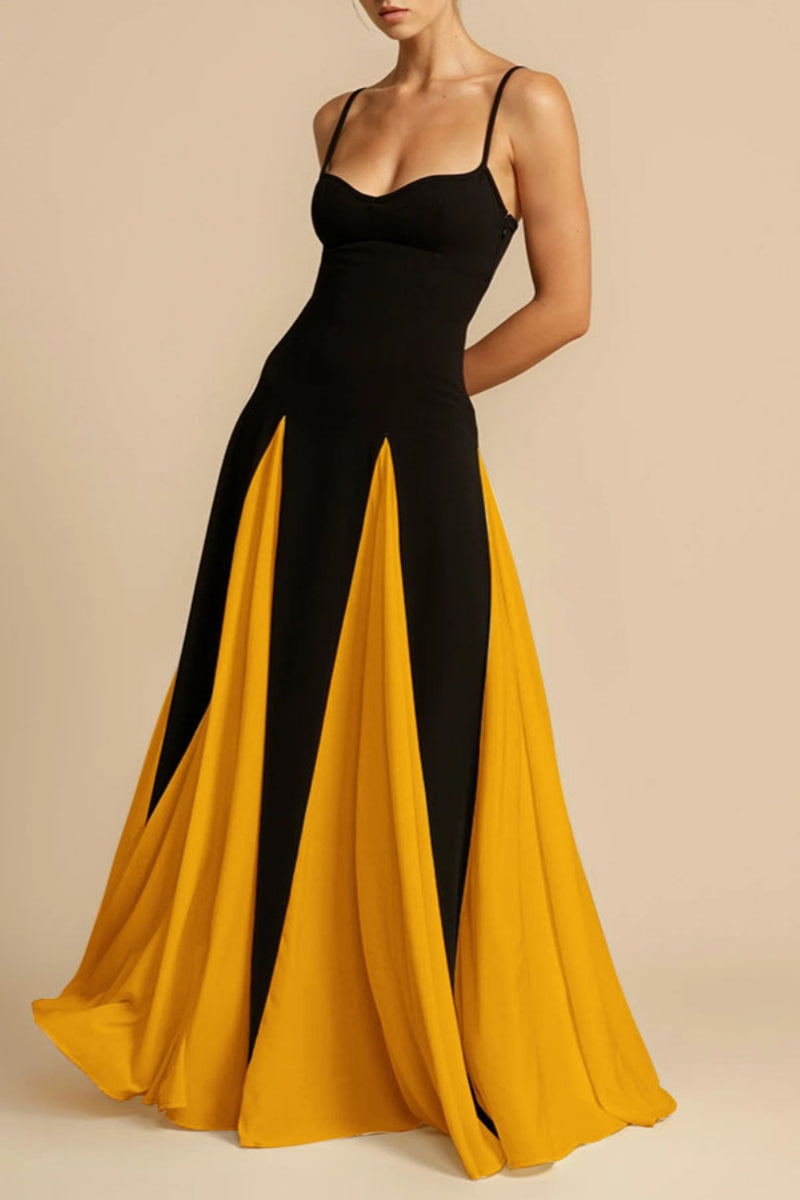 Casual Patchwork Backless Contrast Spaghetti Strap Long Dresses(4 Colors)