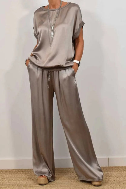 Casual Draw String Pocket O Neck Short Sleeve Two Pieces(4 Colors)