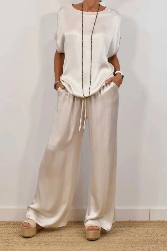 Casual Draw String Pocket O Neck Short Sleeve Two Pieces(4 Colors)