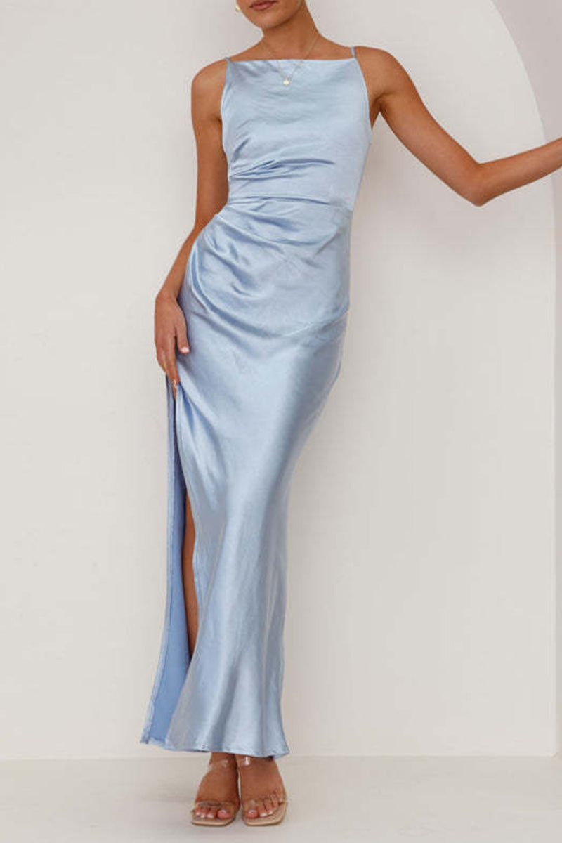 Elegant Backless Slit Ruched Long Dresses(4 Colors)
