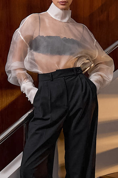 Sexy Buttons See-Through Mesh Turtleneck Tops