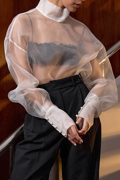 Sexy Buttons See-Through Mesh Turtleneck Tops