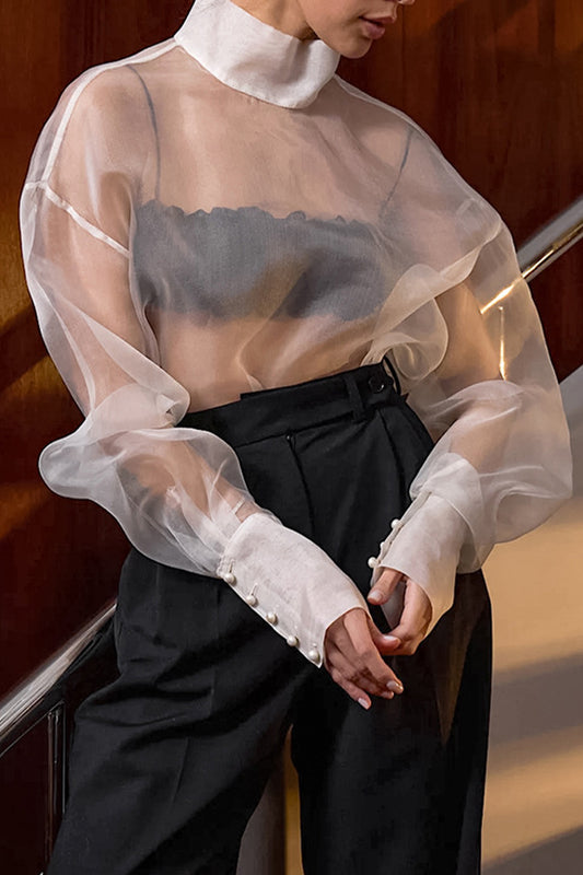 Sexy Buttons See-Through Mesh Turtleneck Tops
