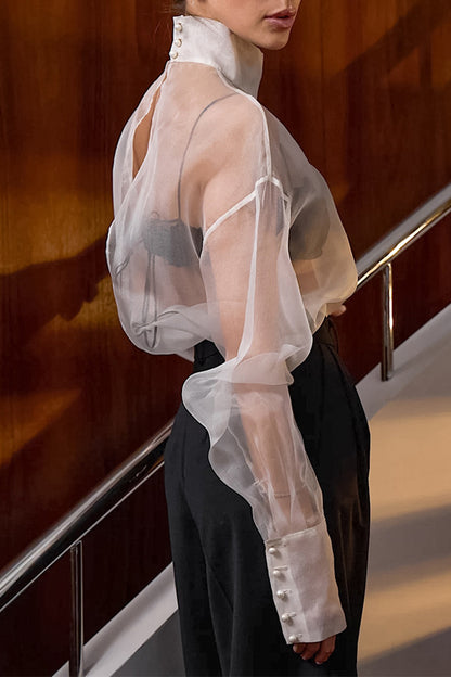 Sexy Buttons See-Through Mesh Turtleneck Tops
