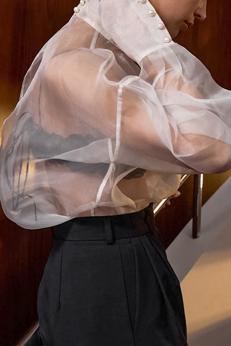 Sexy Buttons See-Through Mesh Turtleneck Tops