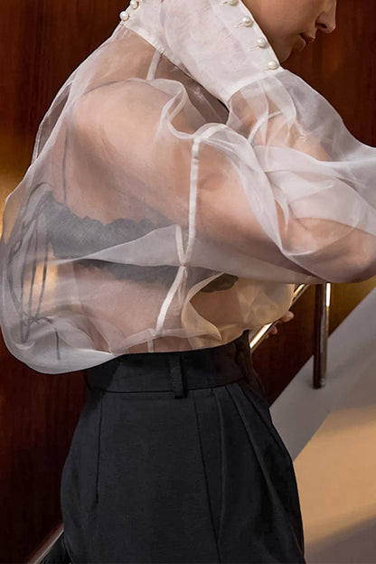 Sexy Buttons See-Through Mesh Turtleneck Tops