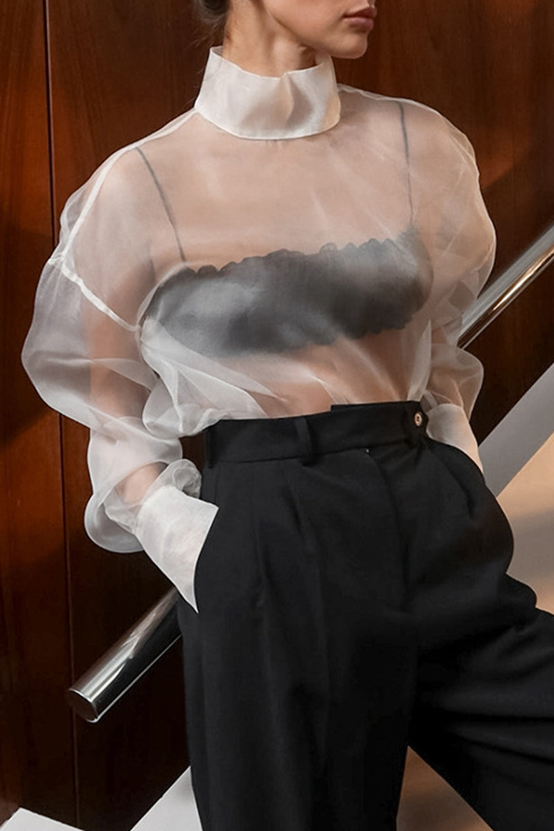 Sexy Buttons See-Through Mesh Turtleneck Tops