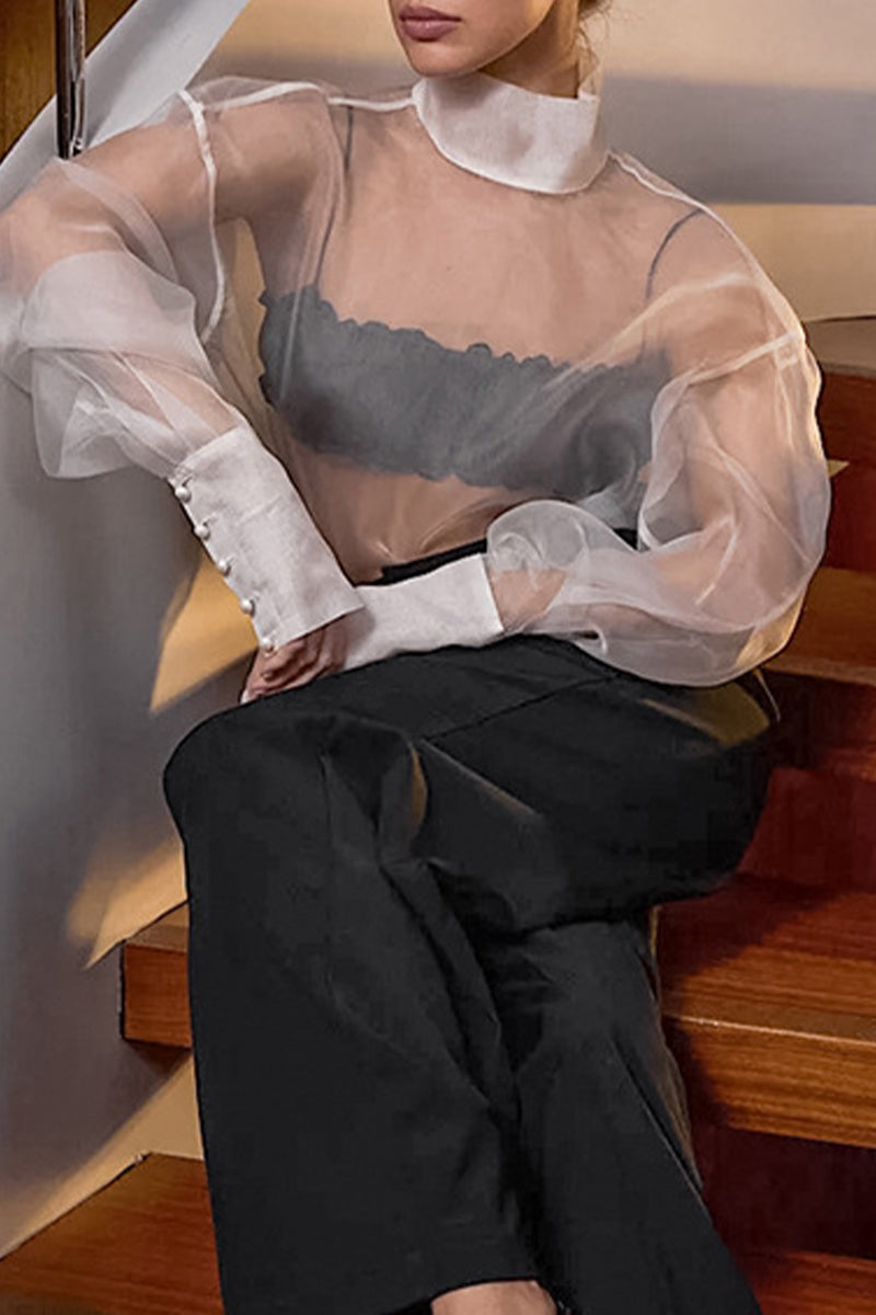 Sexy Buttons See-Through Mesh Turtleneck Tops