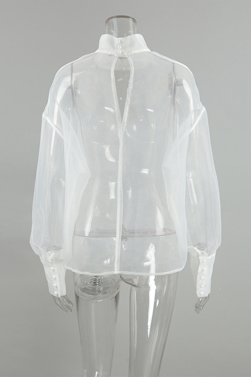 Sexy Buttons See-Through Mesh Turtleneck Tops