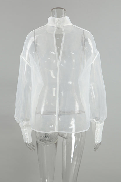 Sexy Buttons See-Through Mesh Turtleneck Tops