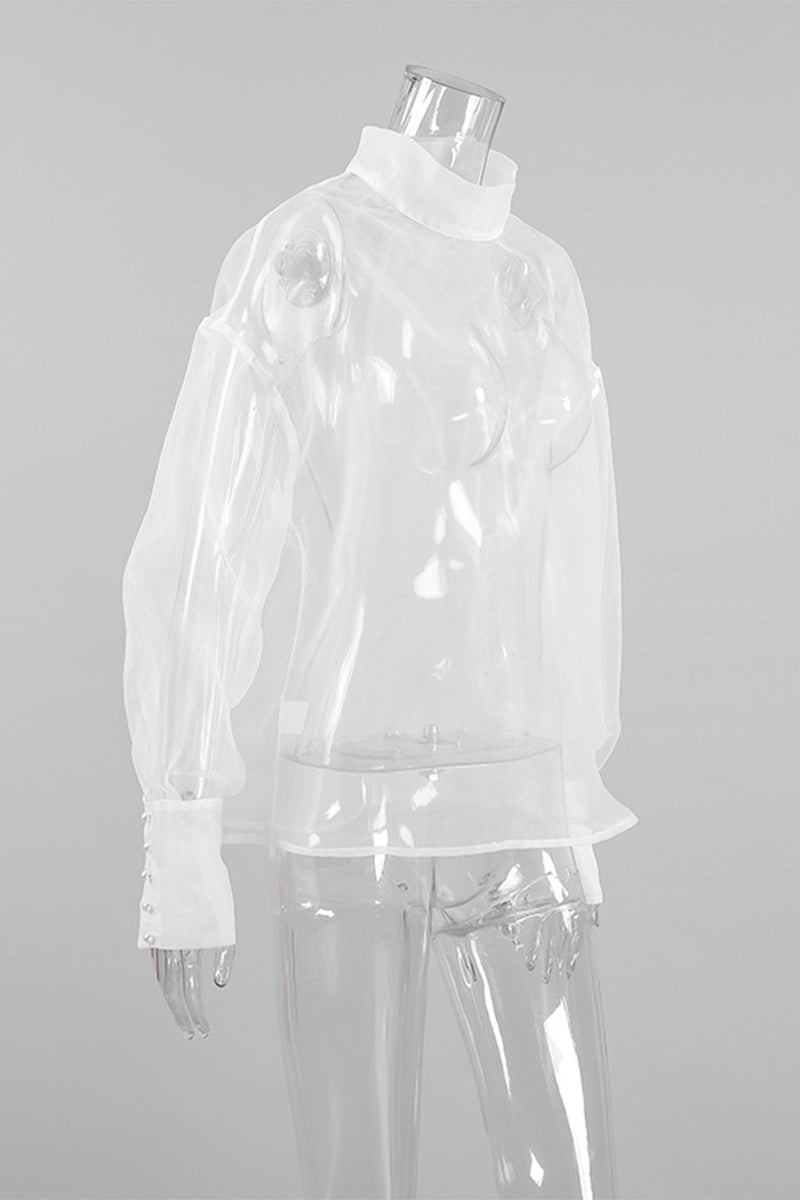 Sexy Buttons See-Through Mesh Turtleneck Tops
