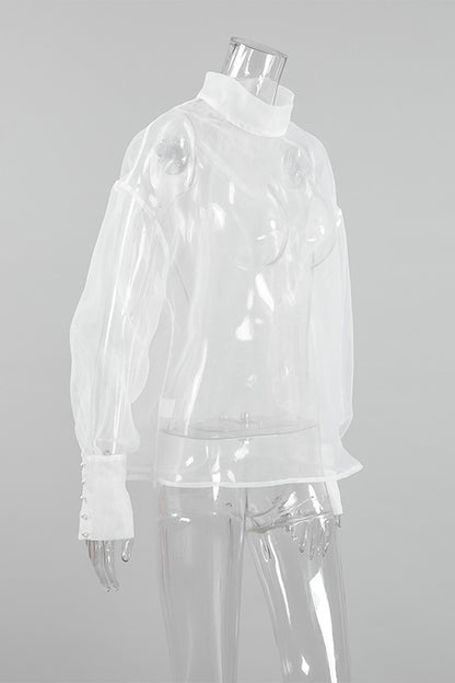 Sexy Buttons See-Through Mesh Turtleneck Tops