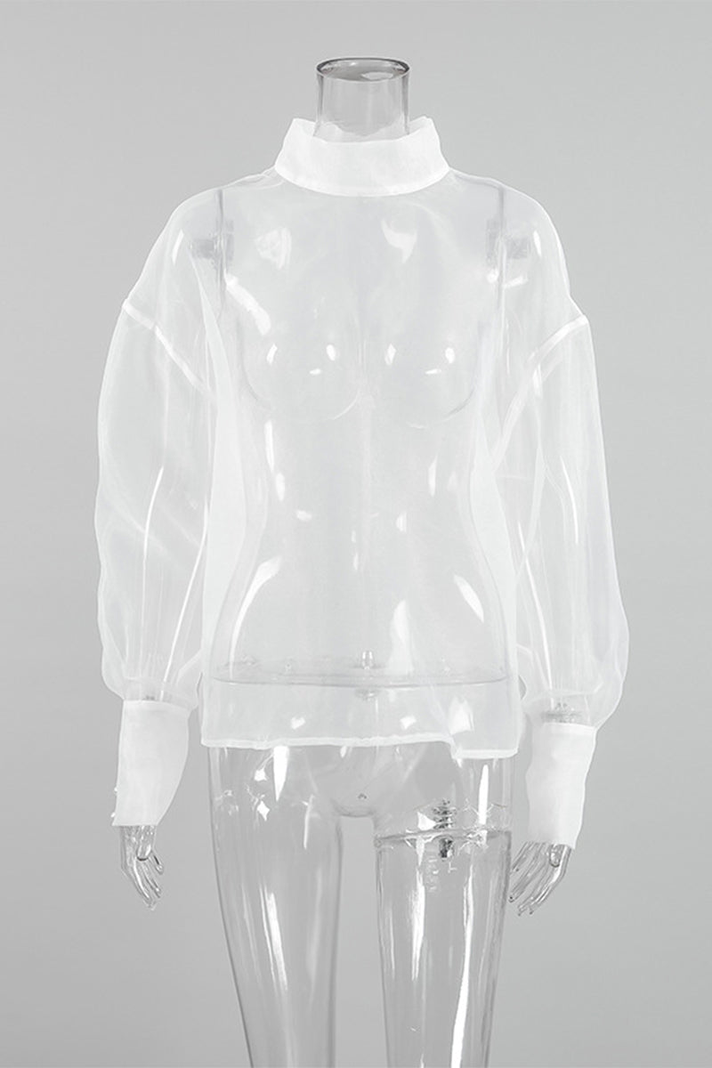 Sexy Buttons See-Through Mesh Turtleneck Tops