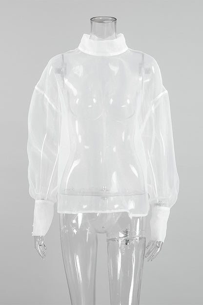 Sexy Buttons See-Through Mesh Turtleneck Tops