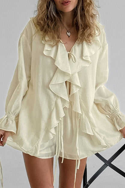 Casual Lace Up Flounce V Neck Long Sleeve Two Pieces