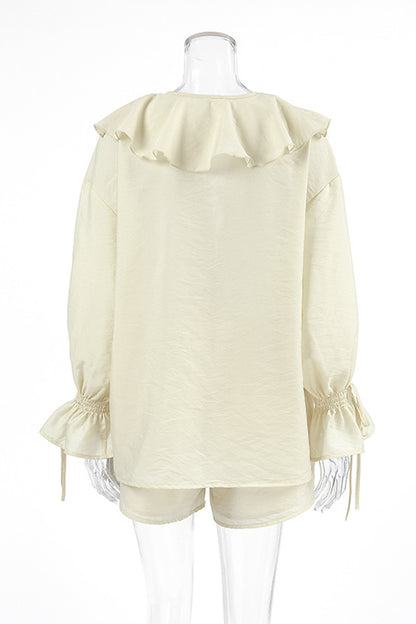Casual Lace Up Flounce V Neck Long Sleeve Two Pieces