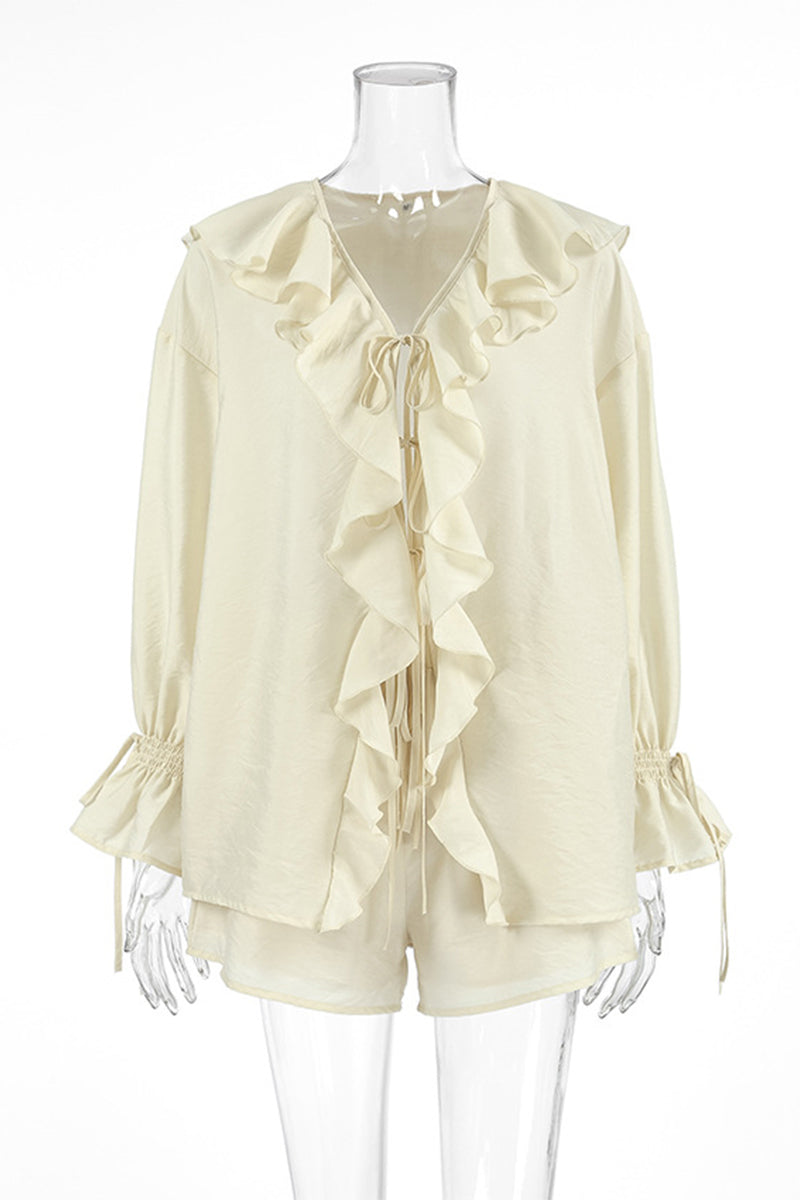 Casual Lace Up Flounce V Neck Long Sleeve Two Pieces
