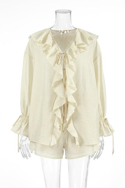 Casual Lace Up Flounce V Neck Long Sleeve Two Pieces