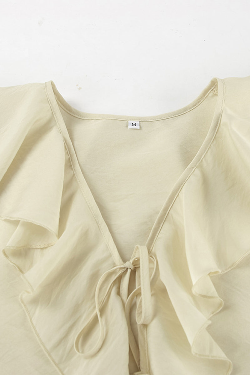 Casual Lace Up Flounce V Neck Long Sleeve Two Pieces