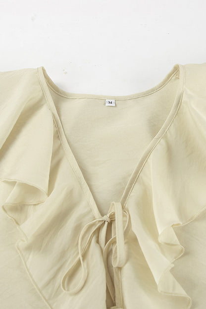 Casual Lace Up Flounce V Neck Long Sleeve Two Pieces