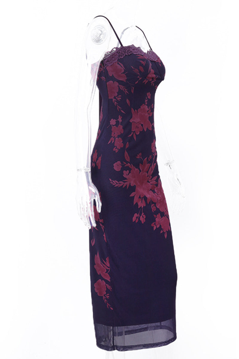 Sexy Flowers Patchwork Backless Strap Design Contrast U Neck One Step Skirt Dresses