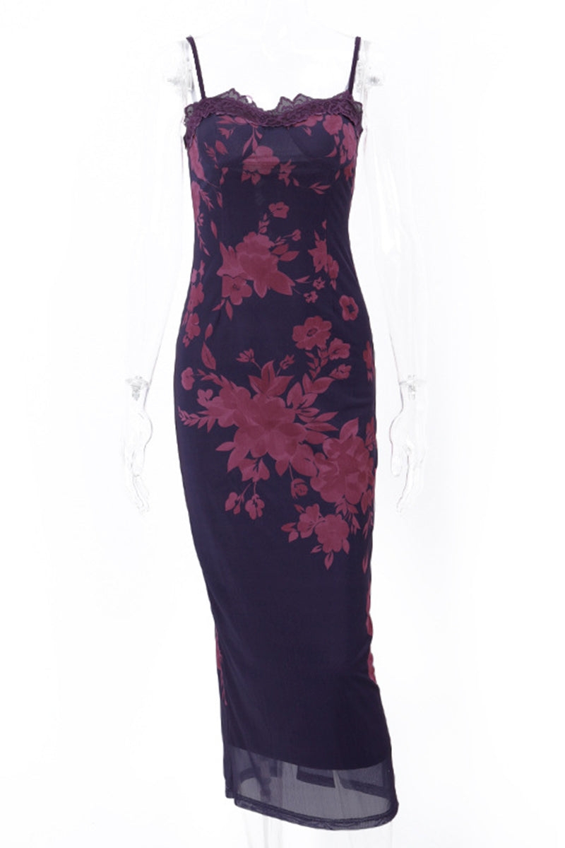 Sexy Flowers Patchwork Backless Strap Design Contrast U Neck One Step Skirt Dresses