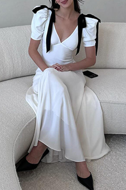 Elegant Lace Up Patchwork Contrast V Neck Long Dresses