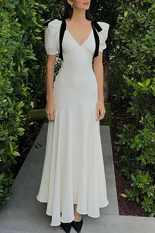Elegant Lace Up Patchwork Contrast V Neck Long Dresses