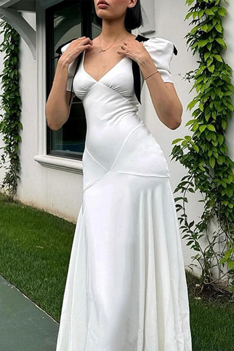 Elegant Lace Up Patchwork Contrast V Neck Long Dresses