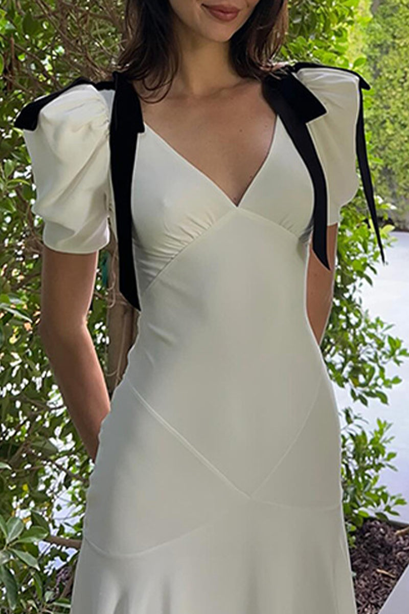 Elegant Lace Up Patchwork Contrast V Neck Long Dresses