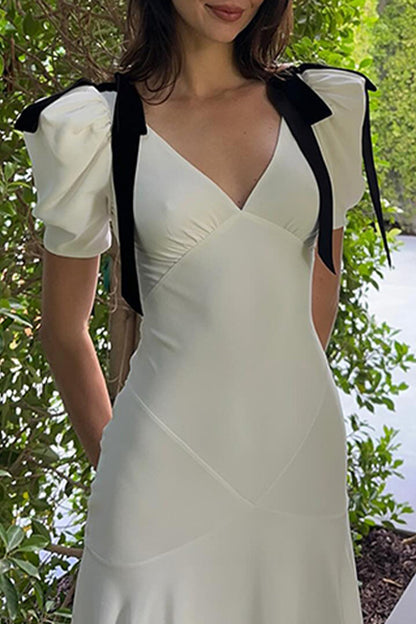 Elegant Lace Up Patchwork Contrast V Neck Long Dresses