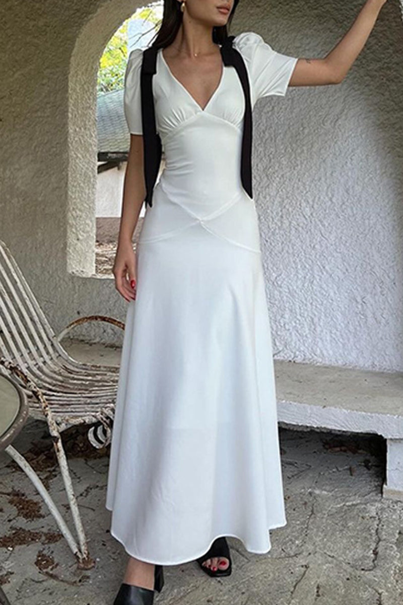Elegant Lace Up Patchwork Contrast V Neck Long Dresses