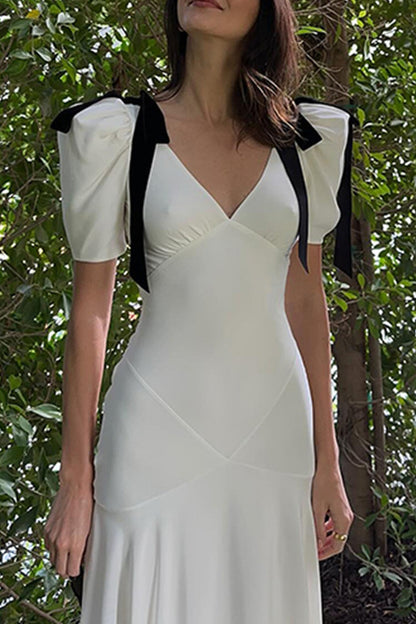 Elegant Lace Up Patchwork Contrast V Neck Long Dresses