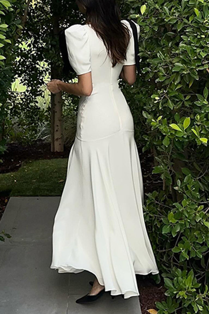 Elegant Lace Up Patchwork Contrast V Neck Long Dresses