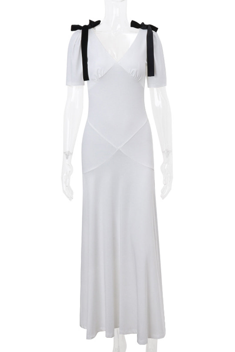 Elegant Lace Up Patchwork Contrast V Neck Long Dresses