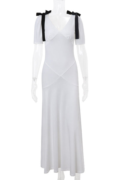 Elegant Lace Up Patchwork Contrast V Neck Long Dresses