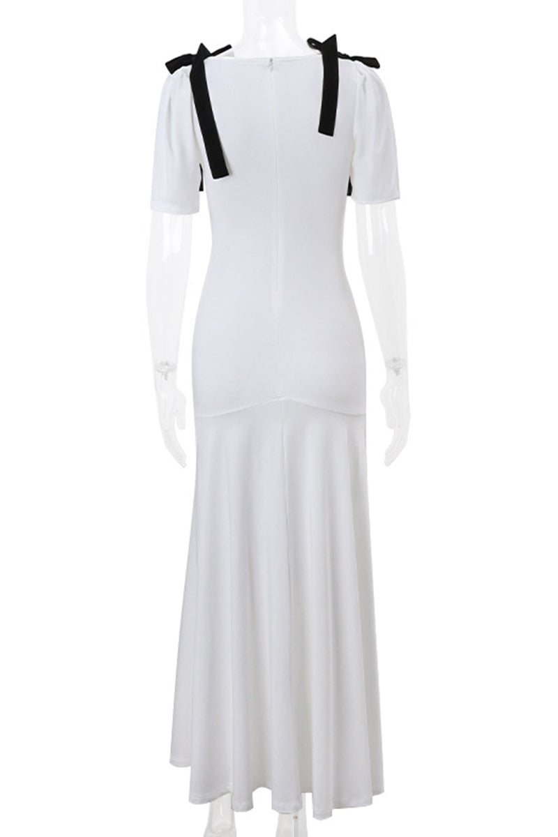 Elegant Lace Up Patchwork Contrast V Neck Long Dresses