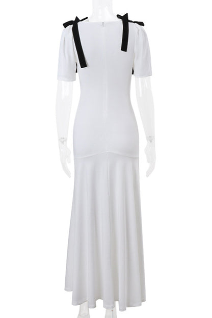 Elegant Lace Up Patchwork Contrast V Neck Long Dresses