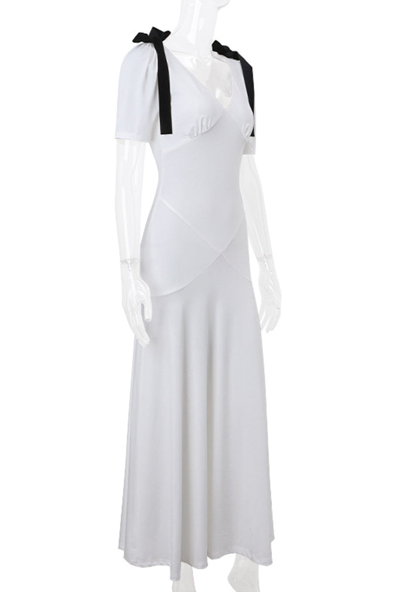 Elegant Lace Up Patchwork Contrast V Neck Long Dresses
