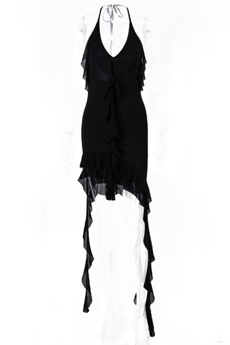 Sexy Backless Irregular Flounce Halter Irregular Dresses
