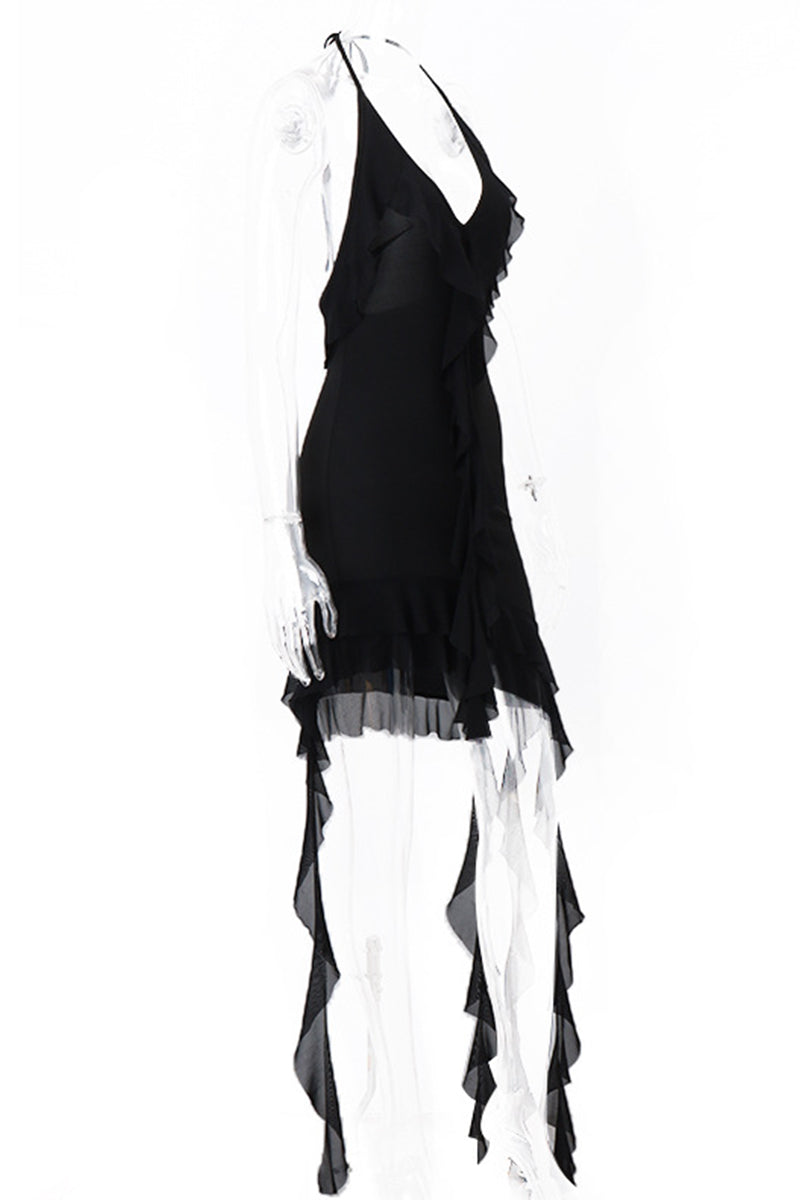 Sexy Backless Irregular Flounce Halter Irregular Dresses