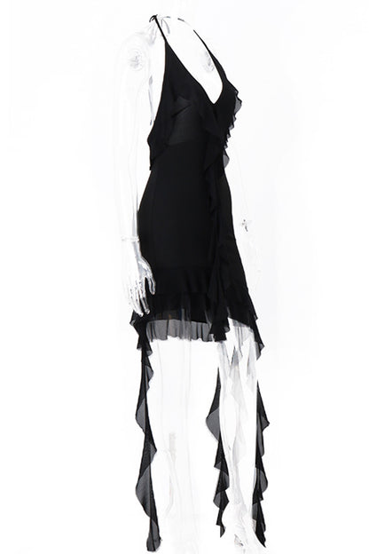 Sexy Backless Irregular Flounce Halter Irregular Dresses