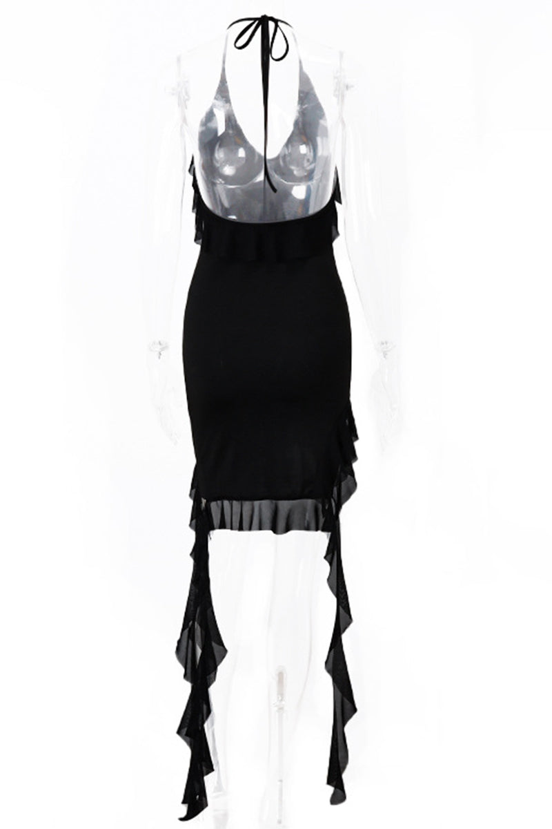 Sexy Backless Irregular Flounce Halter Irregular Dresses