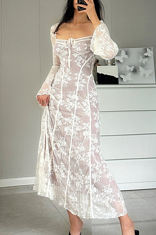 Elegant Solid Color Lace Lace Up Square Neck A Line Dresses