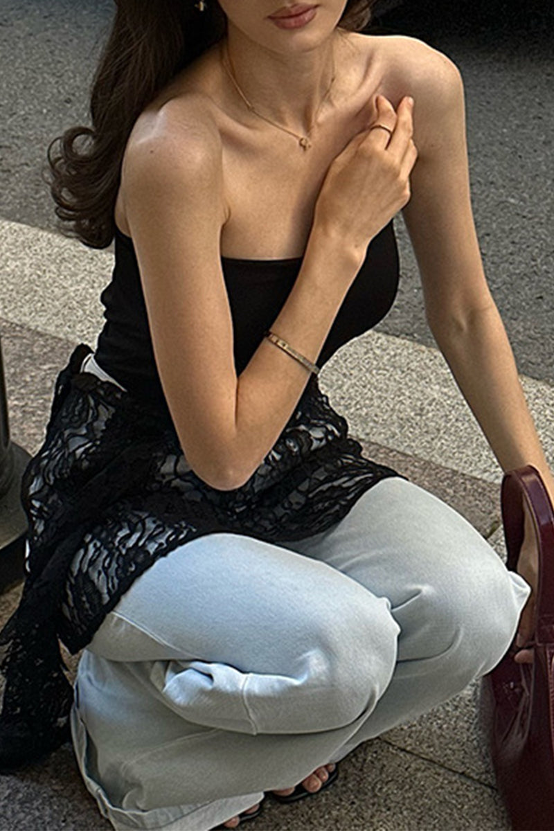 Sexy Solid Color Lace Stringy Selvedge Strapless Tops